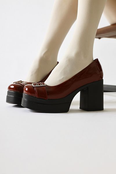 Limoya Salin Burgundy Patent Leather Belt Detailed Low-Cut Heeled Women's Casual Shoes