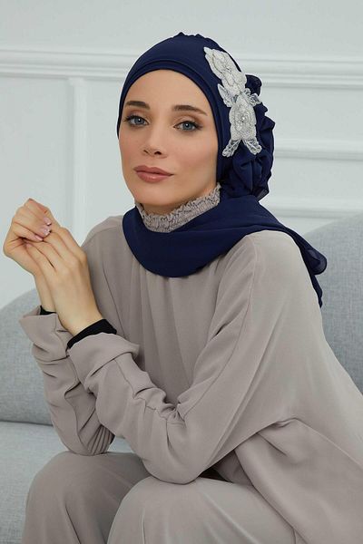 Aisha's Design ChiFFon ready Turban - Side ruFFle and Flower Accessory, HT-102, HT-102