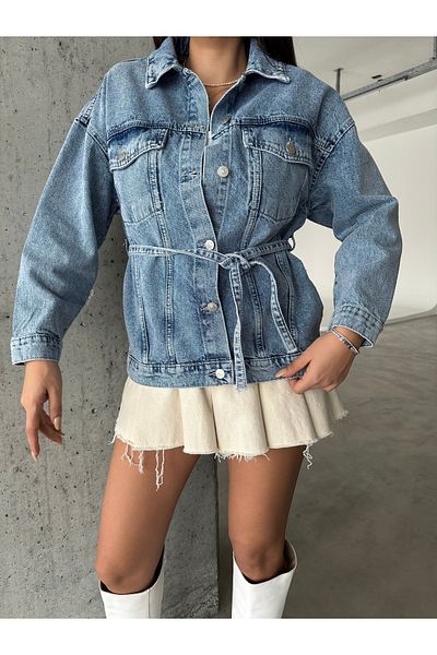 Swet Shop Jeans Дамско яке с колан в синьо, снежно пране, голям размер