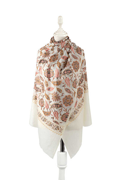 Bursa İpek Cream Full Embroidered Suzani Wool Shawl
