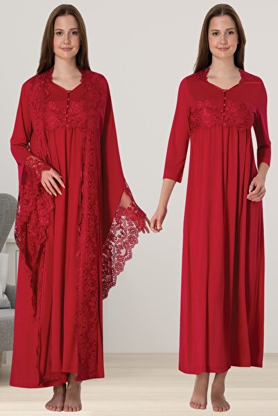 ByLohusa Effortt Vişne Sabahlıklı Lohusa Gecelik Takım