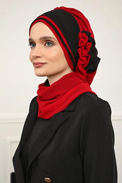 Aisha's Design Double Color Design Chiffon Ready Turban,Ht-86,Red - Black