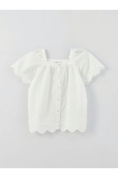 Kübra Tekstil Girl's White Boat Neck Embroidered Short Sleeve Blouse 2312