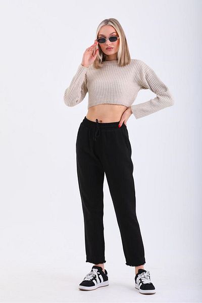katalya Black Tasseled Trousers - Back Removable Flannel Leg with Elastic Waist