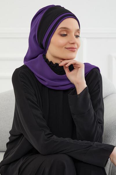 Aisha's Design Σχεδιασμός διπλού χρώματος έτοιμο τουρμπάν από σιφόν, HT-86, Μωβ - Μαύρο
