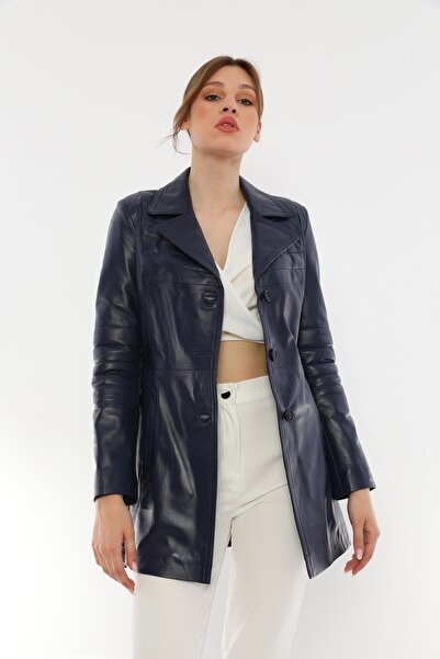 Basics&More سترة جلدية باللون الأزرق الداكن من Jesica - معطف نسائي بحزام