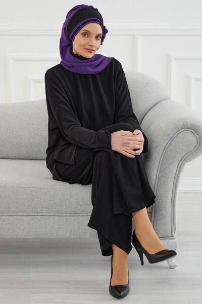 Aisha's Design Σχεδιασμός διπλού χρώματος έτοιμο τουρμπάν από σιφόν, HT-86, Μωβ - Μαύρο