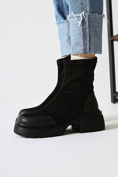 Limoya Juna Black Suede Skin Leather Detailed Socks, Stretch γυναικείες μπότες, γυναικείο μποτάκι