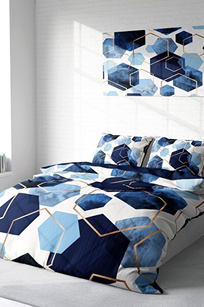 MonoHome Set de lenjerie de pat din satin de bumbac dublu 3D Digital Blue Hex...