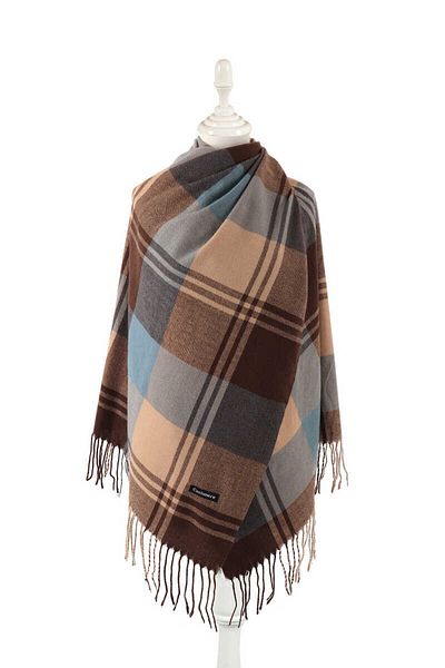 Bursa İpek Blue Brown Patterned Winter Shawl
