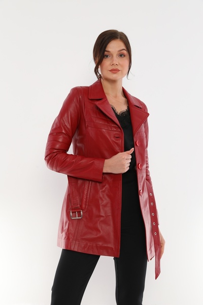 Basics&More Jesica - سترة جلدية نسائية بحزام أحمر