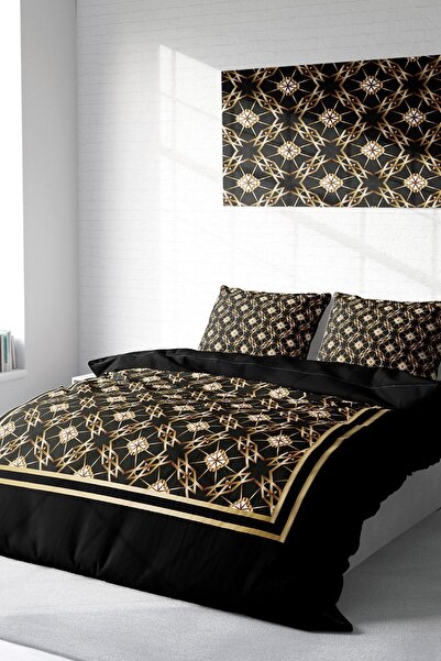 MonoHome Σετ Παπλωματοθήκης Βαμβακερό Σατέν Διπλό Τρισδιάστατο Ψηφιακό Χρυσό ...