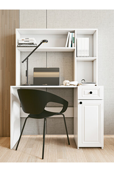 MONTENERO Çalışma Masası Country Bilgisayar Masası Parlak Beyaz Kitaplıklı Ra...