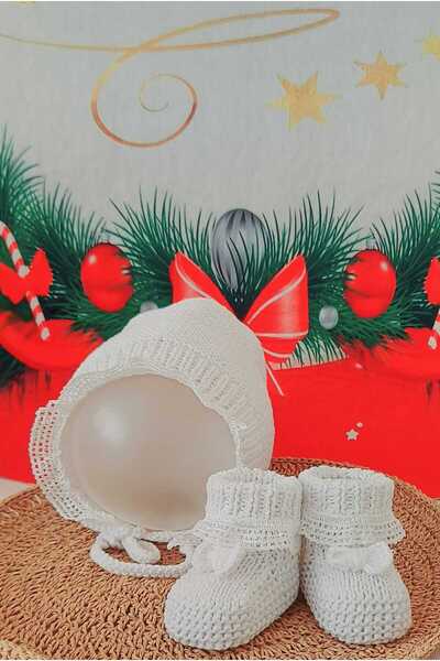 BEGİN Beyaz Fırfırlı Hediyelik Bebek El Örgü Akrilik Yün Panduf Patik Şapka F...