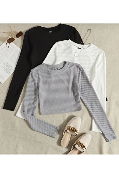 Lorya Giyim 3'lü paket %100 Pamuklu Fitilli Kaşkorse Uzun Kollu Crop Bluz