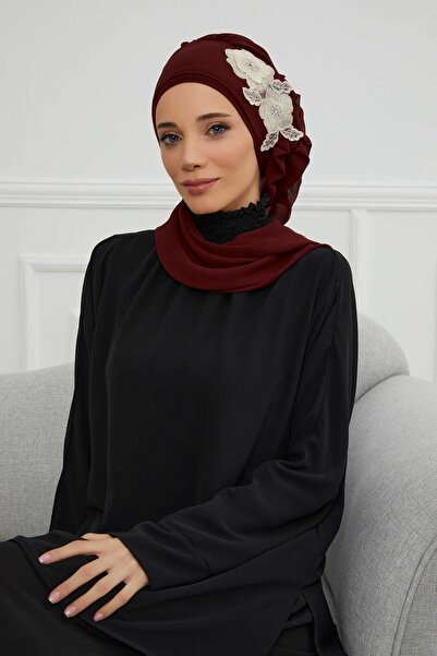 Aisha's Design Έτοιμο τουρμπάνι από σιφόν με πλαϊνά βολάν και αξεσουάρ λουλουδιών, HT-102, HT-102, μπορντό-χρυσό