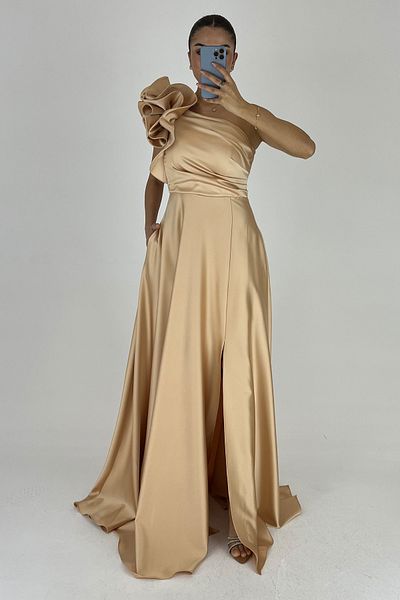 Lafaba Women's Gold One Shoulder Ruffled Long Evening Dress