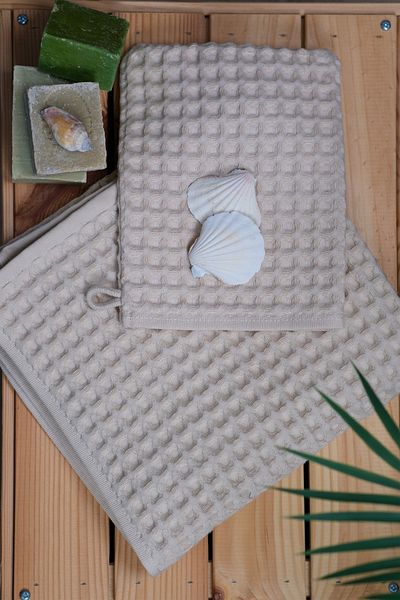 Dotamess Premium 100% Cotton Pique Pattern Σετ 2 - Μπεζ: Πετσέτα χεριών και προσώπου, πουγκί 16x22cm