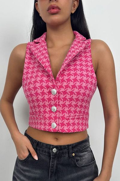 bayansepeti Fuchsia Houndstooth Patterned Button Detailed Shirt Collar Crop Vest 23s12002