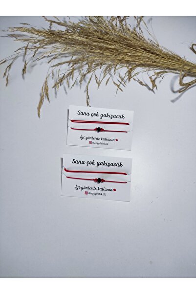 atolyeozyy Siyah Cam Boncuklu Kırmızı İp Çift, Sevgili ,Arkadaşlık Bileklik Seti, Yılbaşı ,Yeni yıl Hediyesi