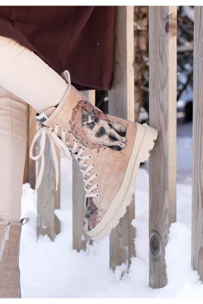 Dogo Kadın Vegan Deri Bej Fermuarlı Uzun Bot - Heart Cat Tasarım