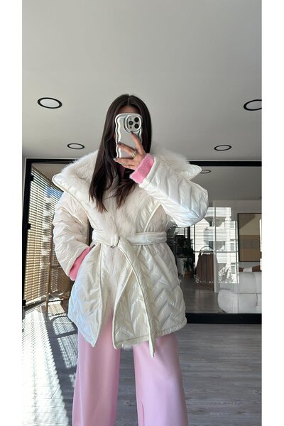 bymaestro woman Palton de damă cu guler blană din material strălucitor