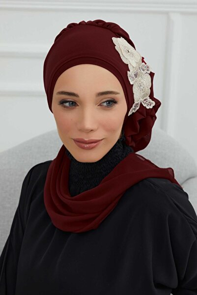 Aisha's Design Έτοιμο τουρμπάνι από σιφόν με πλαϊνά βολάν και αξεσουάρ λουλουδιών, HT-102, HT-102, μπορντό-χρυσό