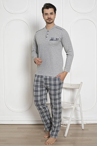bie's Ανδρικό σετ πιτζάμες με γκρι καρό σχέδιο ελαστικό ύφασμα βαμβακερό μακρυμάνικο χειμερινό σετ πιτζάμες με τσέπη στο στήθος