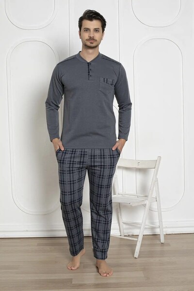 bie's Ανδρικό σετ πιτζάμες με καπνιστό καρό σχέδιο ελαστικό ύφασμα βαμβακερό μακρυμάνικο χειμερινό σετ πιτζάμες με τσέπη στο στήθος