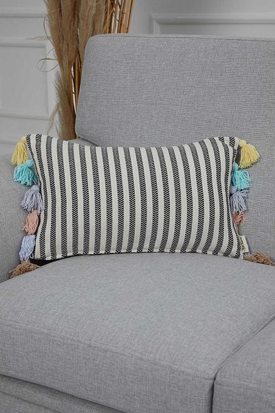 Aisha's Design Colorful Tasseled Rectangular Black Striped Throw Pillow Cover