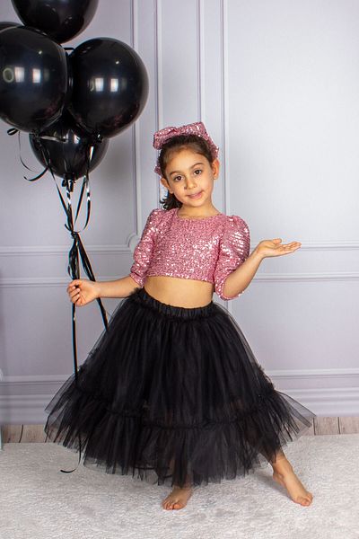 DUCA Long Tulle Skirt Set with Three Quarter Sleeves - Glitter Sequin Crop Top and Ruffle Detail