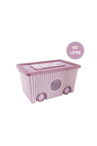 Flora Kapaklı Tekerlekli Taşınabilir Büyük Saklama Kutusu, Pembe Oyuncak Kutusu 2'li Set Pembe