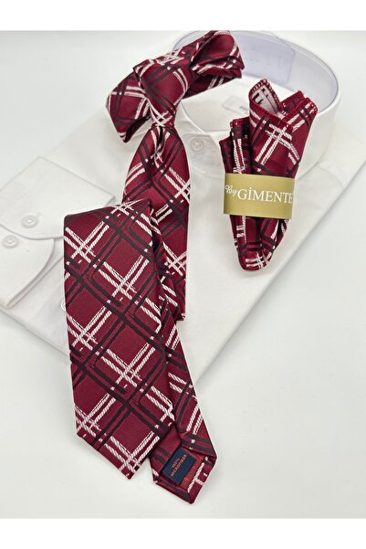 Gutiero Burgundy Plaid Slim Tie with Handkerchief