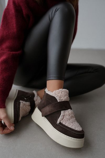 selinshoes Marvil Genuine Suede Plush Detailed Velcro Women's Boots - Bitter Brown