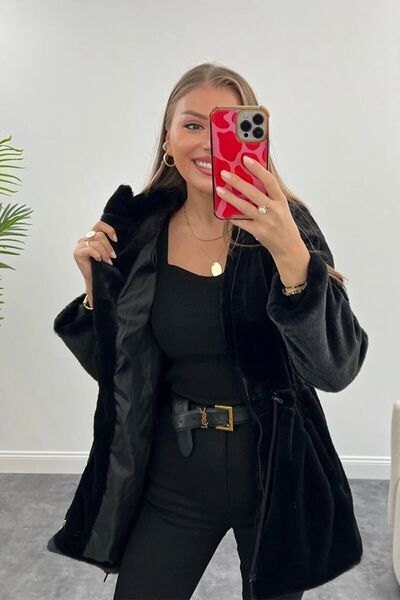 VESS MODA Palton scurt de pluș ușor de damă cu șnur în talie