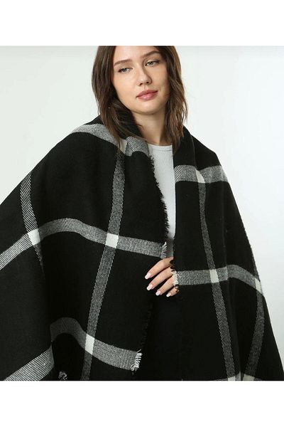 Lupies Black Square Patterned Shoulder Shawl - 70X180 Cm, Scarf Model 1234