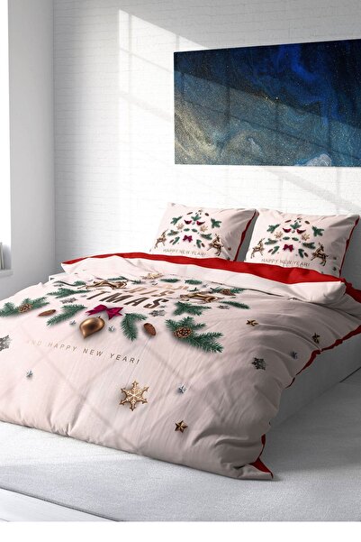 MonoHome Set cuvertură de pilota de Anul Nou 100% bumbac natural Crăciun Fericit Dublu Alb