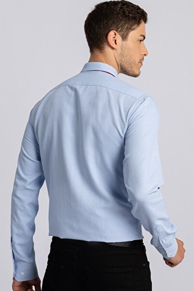 Tudors Modern Slim Fit Uzun Kollu Pamuklu Kolay Ütü Armürlü Erkek Mavi Gömlek