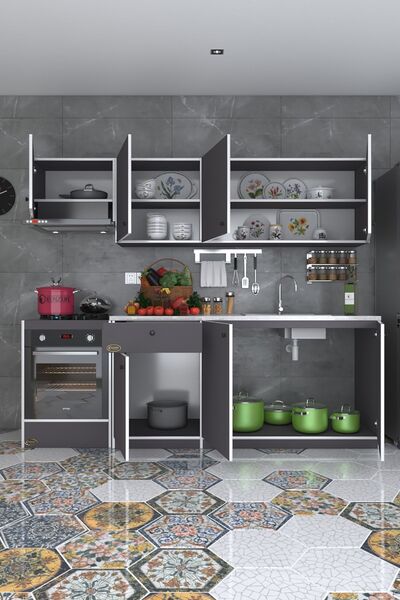 Kenzlife Hazır Mutfak Seti Nayakan Gri 240 Cm Genişlik Üst Tezgahsız Ankastre Fırın Modüllü