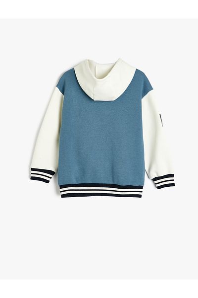 Koton Hooded Color Contrast College Jacket - with Applique Detail and Snaps