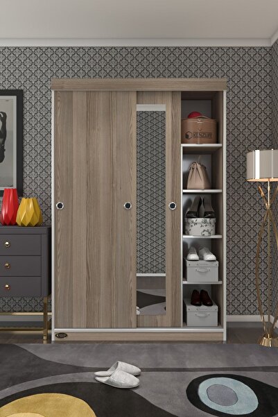 Kenzlife Gardırop Sürgülü Kapaklı Kapılı 120 Papatya Crd Aynalı Gardolap Dolap