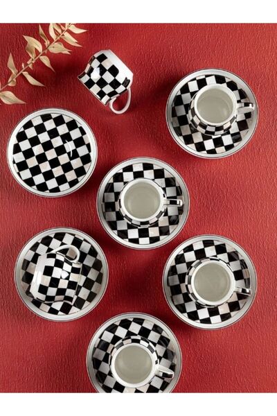 Viyalente Checkerboard Patterned Porcelain Turkish Coffee Cup Set for 6 People Tr-3123