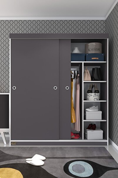 Kenzlife Gardırop Sürgülü Kapaklı Kapılı 160 Papatya Gri Gardolap Dolap