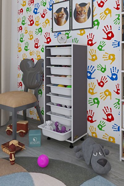 Kenzlife Sepetli Mutfak Dolabı Ruberu Gri 122X45X30 Banyo Oyuncak Çamaşır Beyaz 9 Lu Sepet