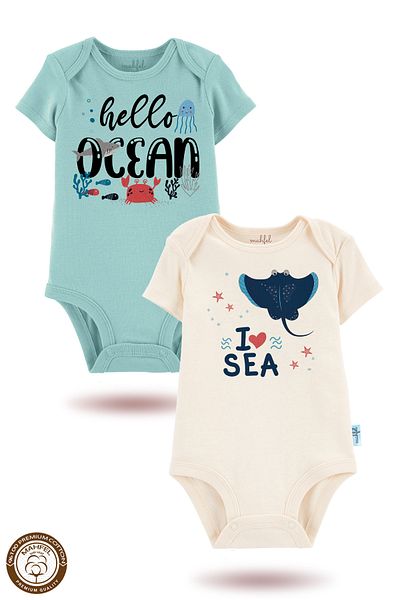 MAHFEL 2-Piece 100% Cotton Organic Printed Snap Fastener Baby Bodysuit