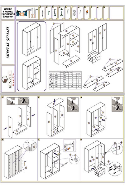 Kenzlife Gardırop 4 Kapaklı Kapılı 2 Çekmeceli Orkide Gri 180*120*42 Gardolap Dolap