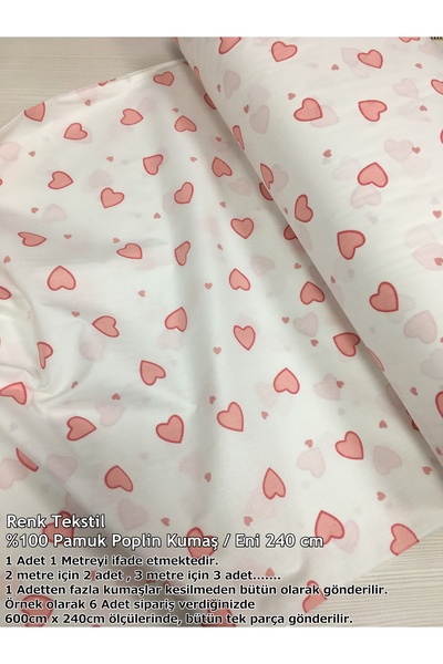 Renk Tekstil Kırmızı Kalpler Metrelik %100 Pamuk Poplin Kumaş - Elbise - Nevr...