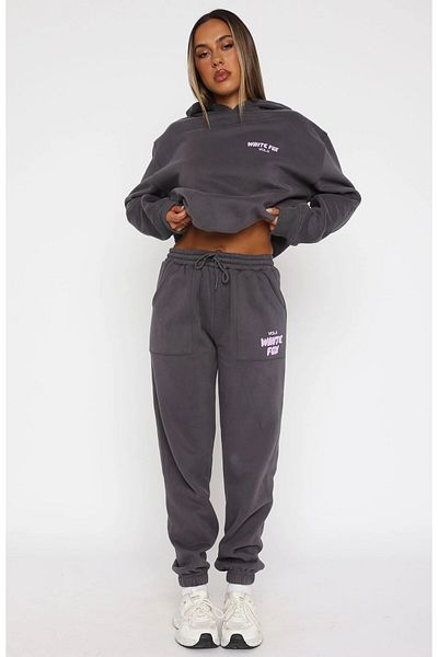 The Champ Clothing White Fox, damă, gri fum, cu buzunare elastice în talie, roz Vol 3, cu imprimeu, cu picior elastic, fund de pantaloni de sport