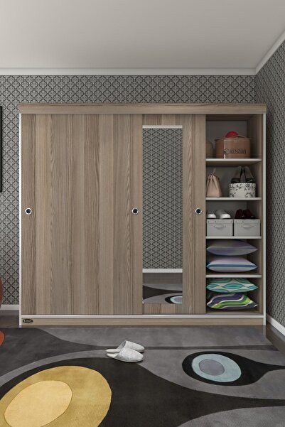 Kenzlife Gardırop Sürgülü Kapaklı Kapılı 200 Papatya Crd Aynalı Gardolap Dolap