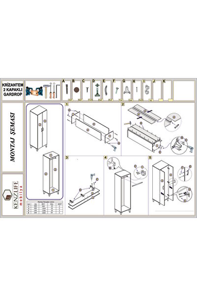 Kenzlife Gardırop 2 Kapaklı Kapılı Krizantem 168*50*42 Gri Ayaklı Gardolap Dolap